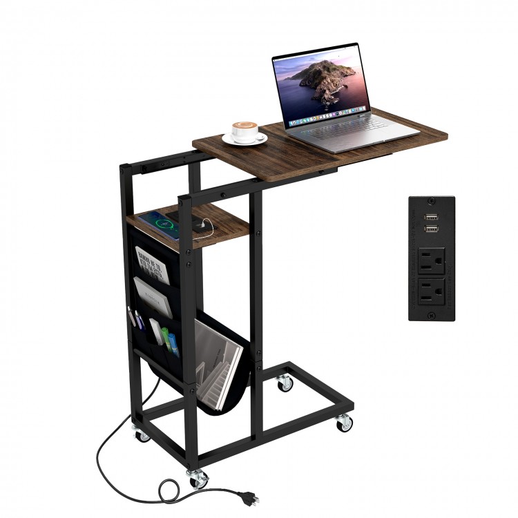 C-shaped end table with retractable tabletop, charging station, and rustic wood grain for convenient workspace use.