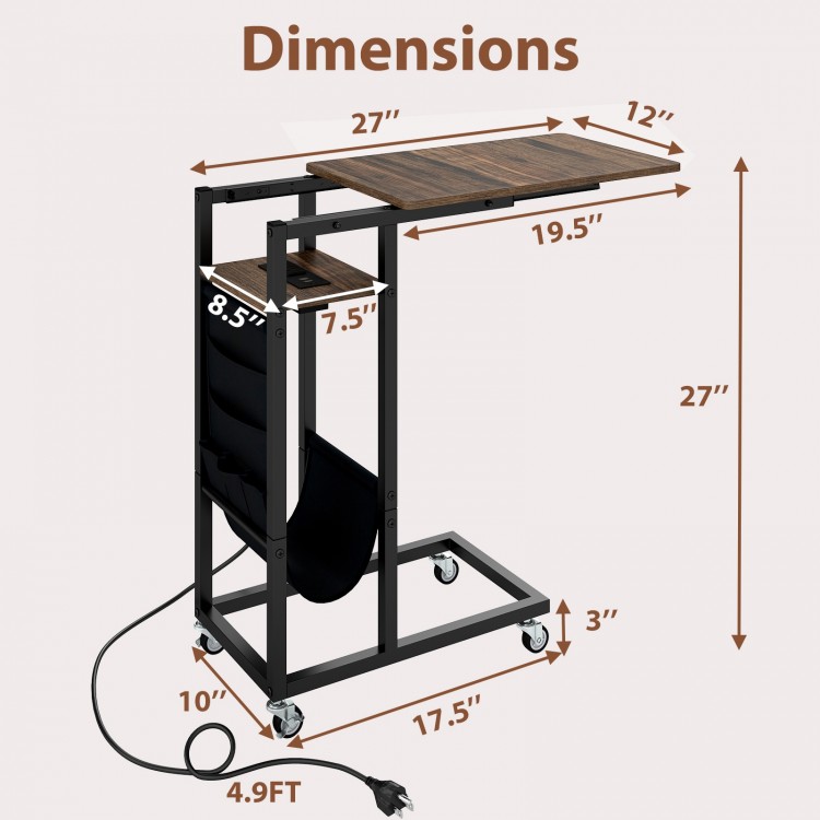 C-shaped end table dimensions with retractable tabletop, charging station, and storage pocket for convenient use.