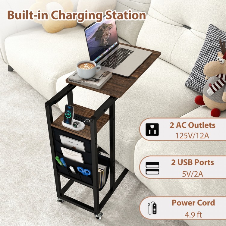 C-shaped end table with retractable tabletop, built-in charging station, and rustic wood grain for versatile use.