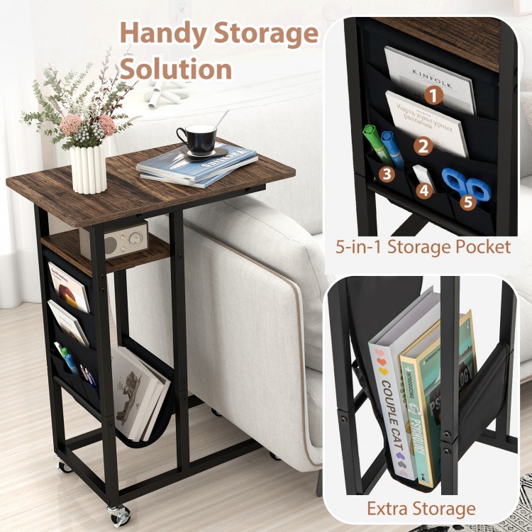 C-shaped end table with rustic wood grain, built-in charging station, and 5-in-1 storage pocket for versatile use.