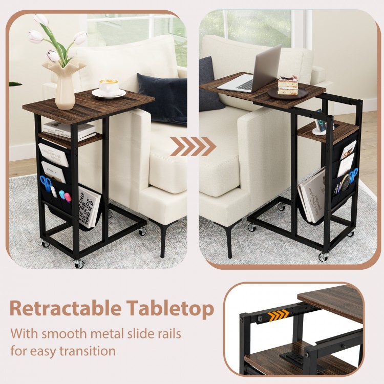 C-shaped end table with retractable tabletop, charging station, and rustic wood grain for space-saving convenience.