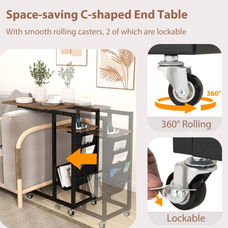 C-shaped end table with retractable tabletop, charging station, and lockable casters for space-saving convenience.