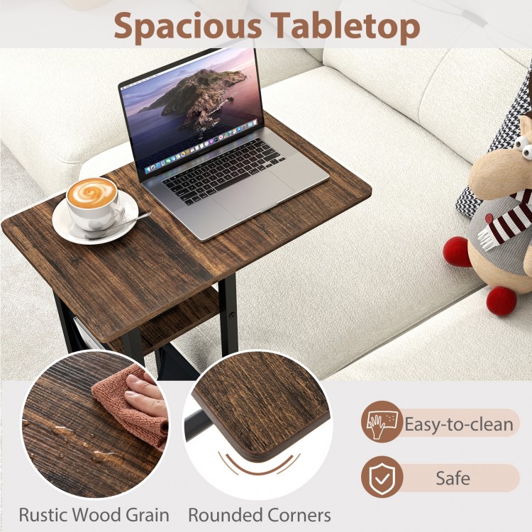 C-shaped end table with rustic wood grain, spacious retractable tabletop, and built-in charging station for convenient.