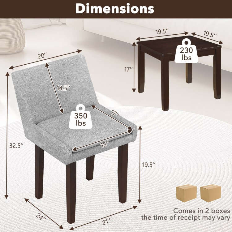 Gray upholstered chair with rubber wood legs, 350 lbs capacity, shown with dimensions for kitchen and living room use.