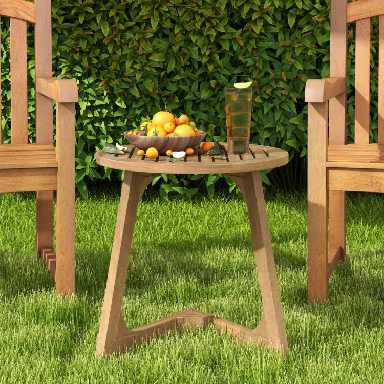 Round teak wood side table with slatted tabletop and triangle base, perfect for indoor or outdoor use.