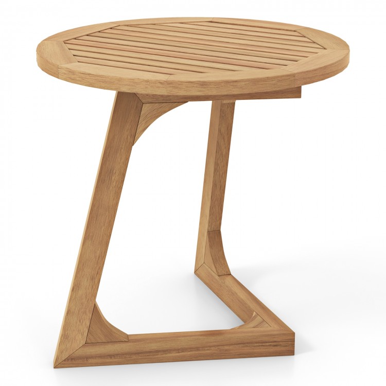 Round teak wood side table with slatted tabletop and triangle base, ideal for indoor and outdoor use.