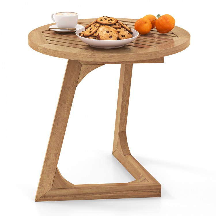 Round teak wood side table with slatted tabletop and triangle base, ideal for indoor or outdoor use.