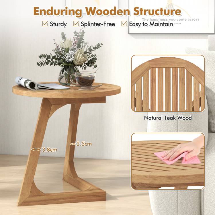 Close-up of the slatted tabletop of the teak wood side table, highlighting its durable, splinter-free surface for easy.