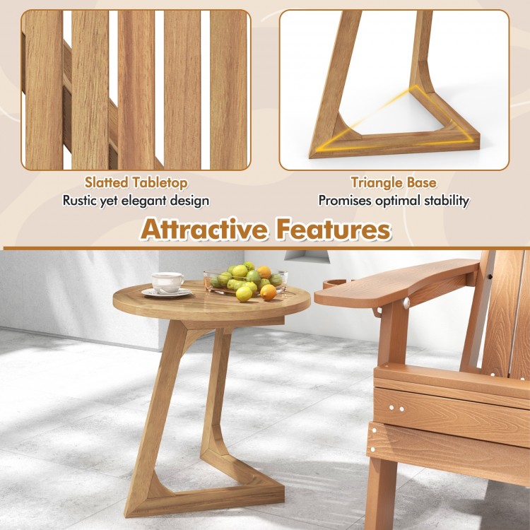 Teak wood side table with slatted tabletop and triangle base, perfect for indoor or outdoor use.