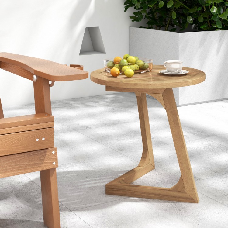 Teak wood side table showcasing a slatted design and triangle base, perfect for enjoying drinks outdoors or indoors.