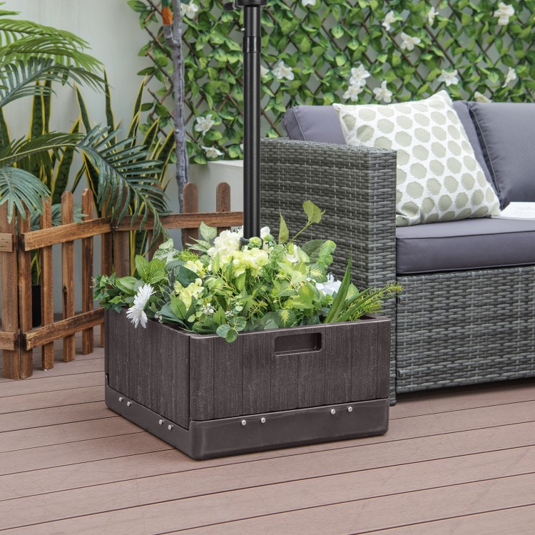 Fillable brown umbrella base with planter box, featuring a large tabletop and drainage hole for outdoor use.