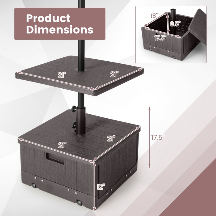 Detailed product dimensions of the 175 LBS outdoor fillable umbrella base with table tray in brown, showcasing size.