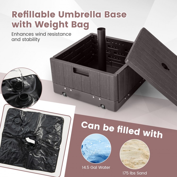 Brown 175 lbs outdoor fillable umbrella base with table tray, designed for stability with sand or water, ideal for.
