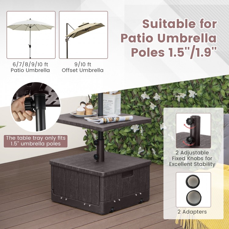 Brown 175 lbs outdoor fillable umbrella base with table tray, suitable for 1.5"/1.9" umbrella poles, ideal for patio.