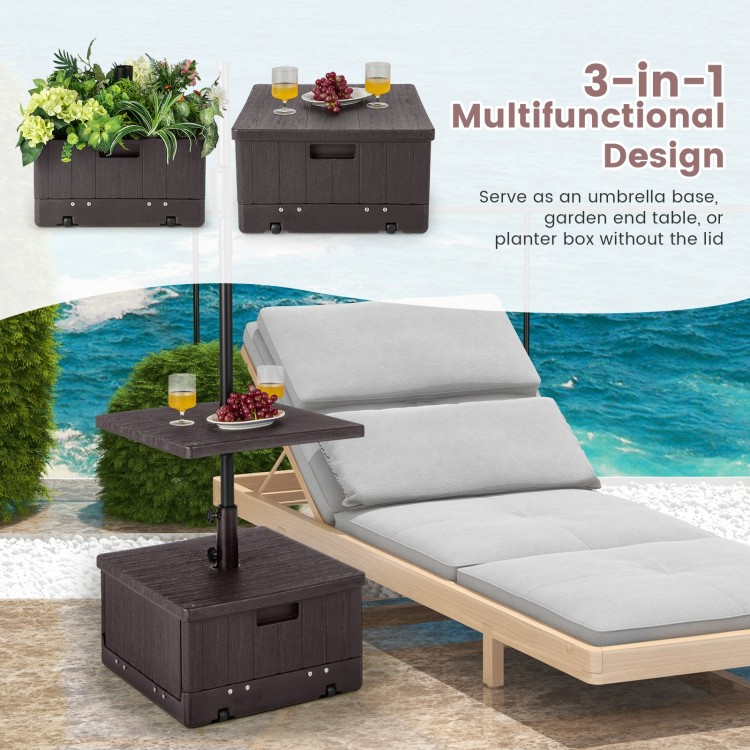 Multifunctional 175 LBS outdoor umbrella base in brown, serving as a table tray and planter box, perfect for patio use.