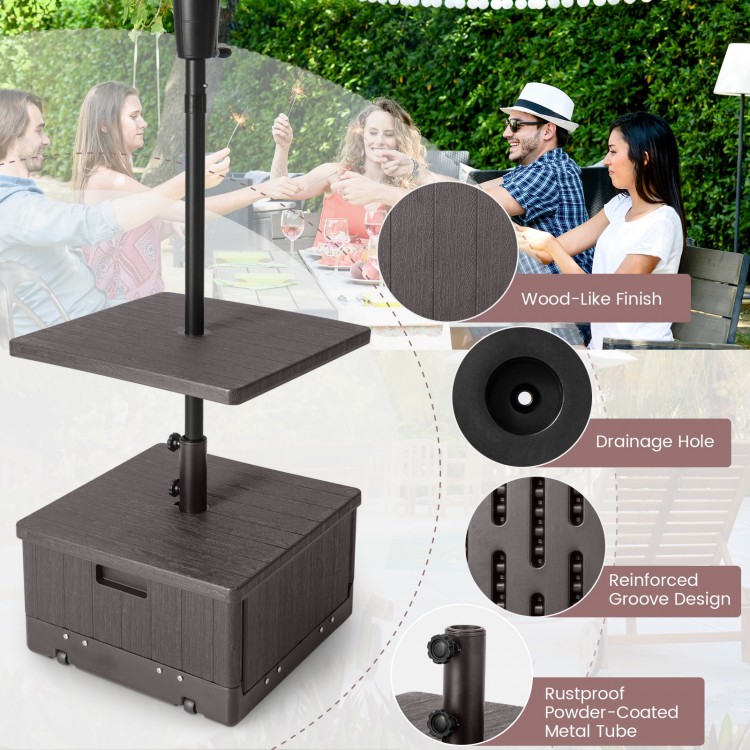 Fillable umbrella base with table tray in brown, featuring a wood-like finish and drainage hole for outdoor use.