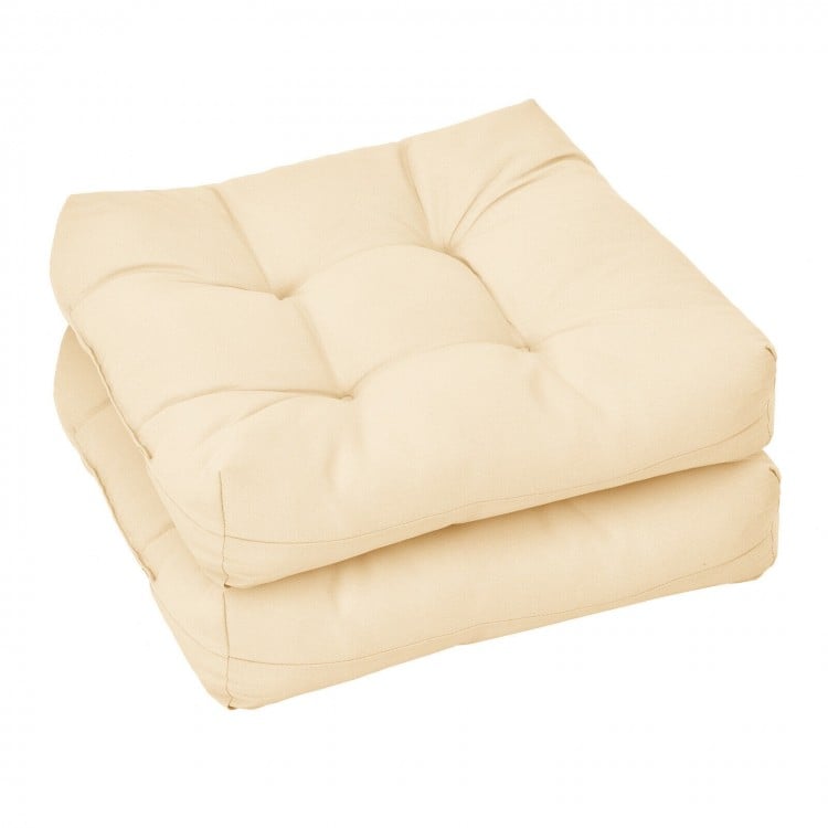 Beige 21x21 inch patio chair seat cushion pads with 4" high resilience cotton, ideal for indoor and outdoor use.