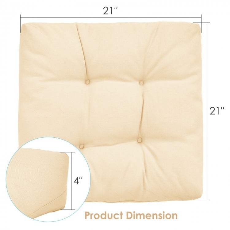 Beige 21"x21" patio chair seat cushion with 4" resilience cotton, waterproof fabric, ideal for indoor and outdoor use.