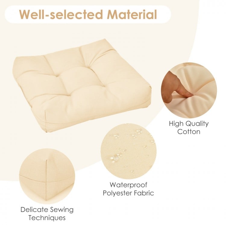 Beige 21"x21" patio chair seat cushion with waterproof polyester fabric, high resilience cotton filling for comfort.