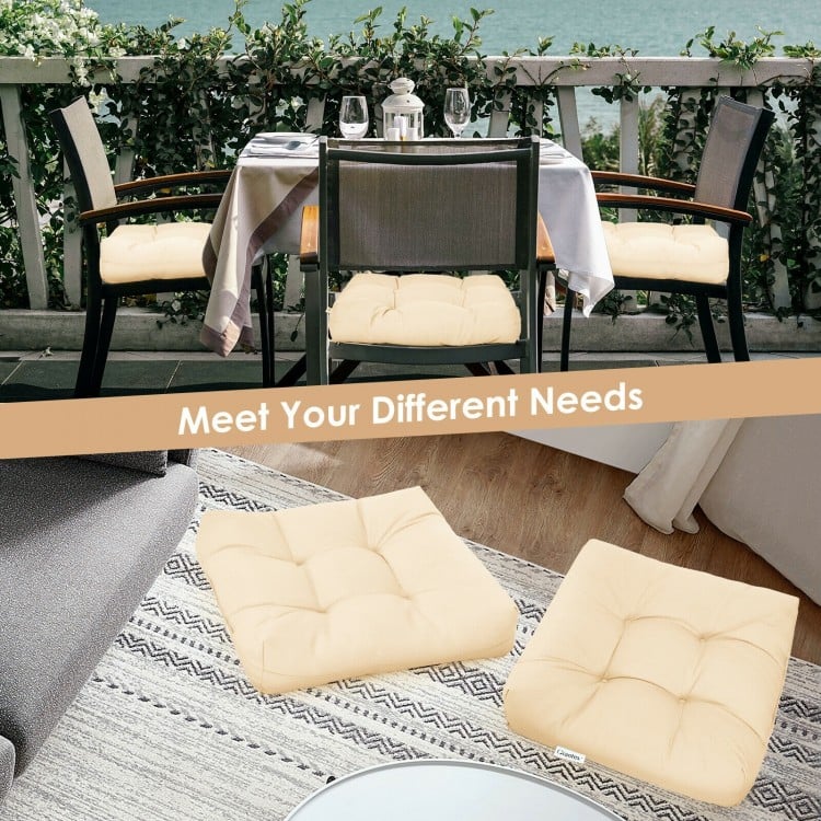 Beige 21x21 inch patio chair seat cushion pads, lightweight and waterproof, ideal for indoor and outdoor use.