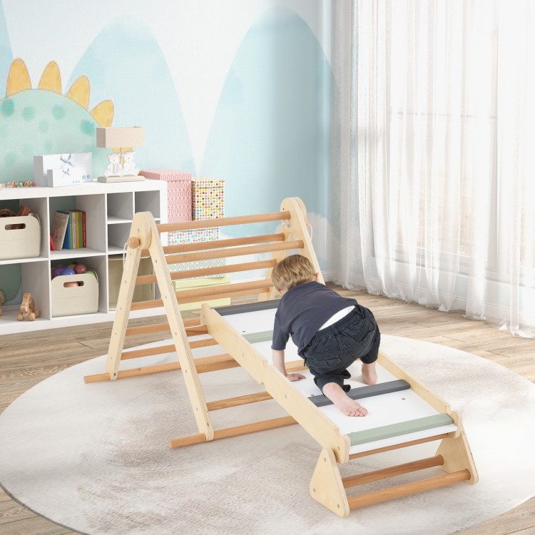 Kids climbing on the 3-in-1 Pikler Triangle Set with adjustable ramp, made from natural beech wood for safe play.