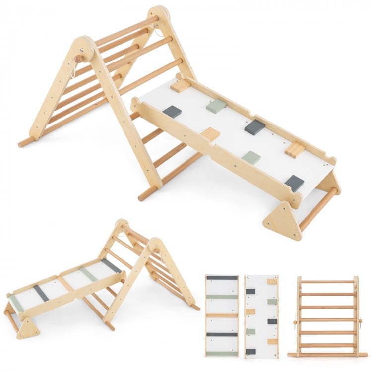 3-in-1 Pikler triangle climbing set with adjustable ramp, crafted from natural wood for kids' play and motor skill.