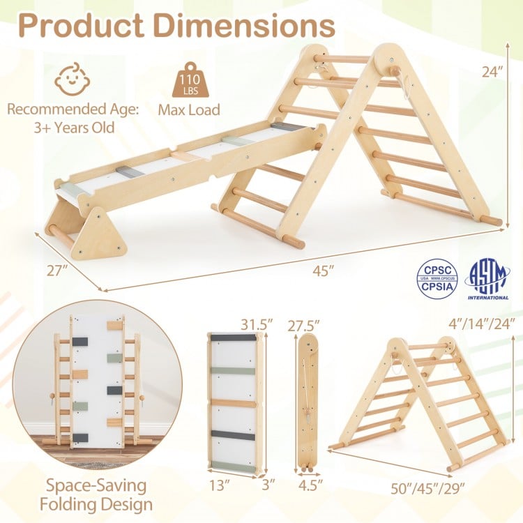 3-in-1 Pikler triangle climbing set with ramp, made of natural beech wood, designed for kids' balance and motor skills.