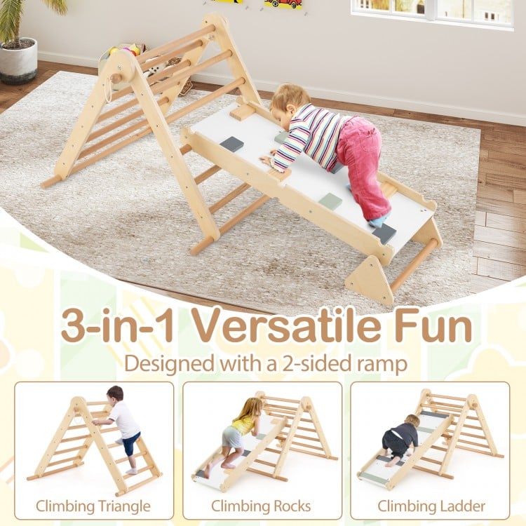 3-in-1 Pikler Triangle climbing set featuring a foldable design, natural wood, and adjustable ramp for kids' play and.
