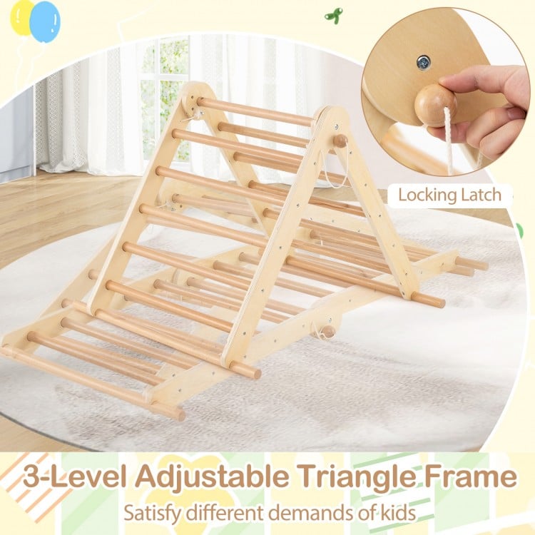 Adjustable 3-in-1 Pikler triangle climbing frame made of beech wood, designed for kids' play and motor skill.