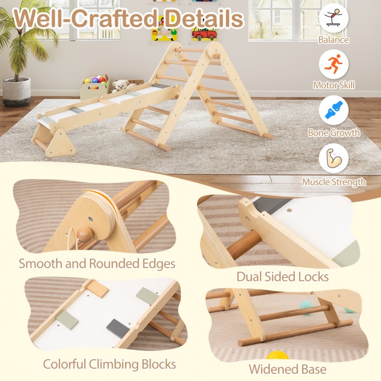 3-in-1 Pikler triangle climbing set with ramp, crafted from natural wood, promotes balance and motor skills for kids.