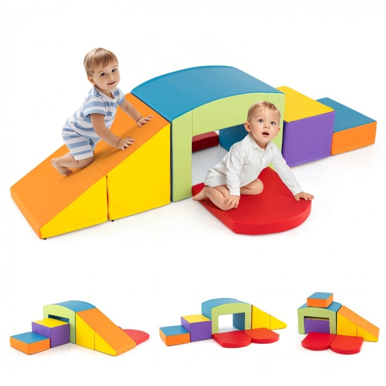 Multicolor foam climbing blocks set for toddlers, featuring various shapes and a tunnel for indoor play and motor skill.
