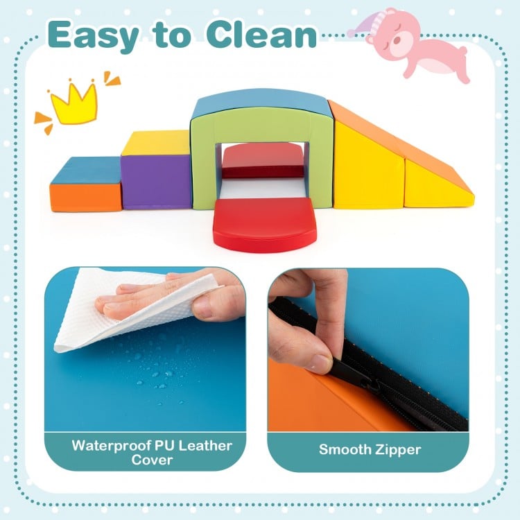 Multicolor foam climbing blocks with waterproof PU leather cover and smooth zipper, perfect for toddlers' indoor play.
