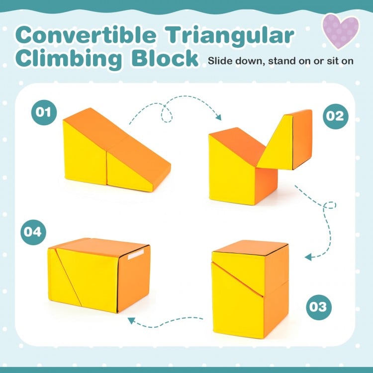 Convertible triangular climbing block set in yellow, designed for toddlers' play, promoting motor skills and creativity.