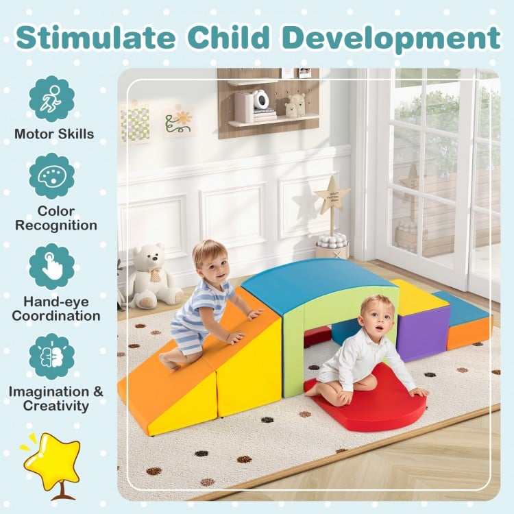 Multicolored foam climbing blocks for toddlers, promoting motor skills and creativity in a safe indoor play area.