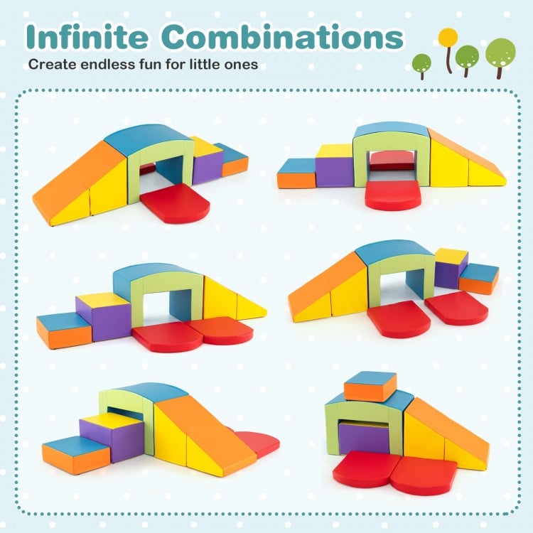 Multicolor foam climbing blocks set with tunnel, ideal for toddlers' playrooms, promoting motor skills and creativity.