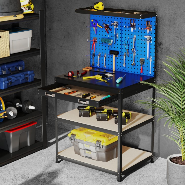 Workbench with navy finish, featuring pegboards, drawer, and shelves for efficient garage or workshop organization.
