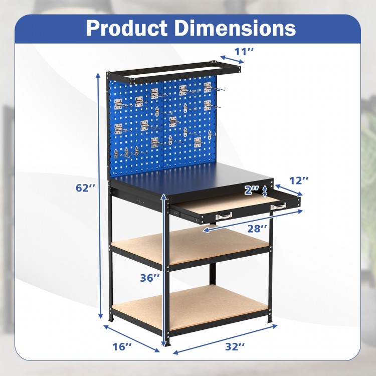 Workbench with navy finish, featuring a top shelf, pegboards, drawer, and shelves, ideal for home and garage use.