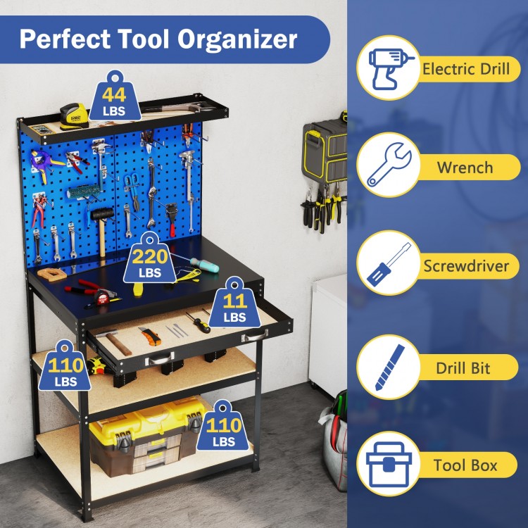 Heavy-duty 32 x 16 inch workbench with pegboards, drawer, and shelves for garage or workshop organization.