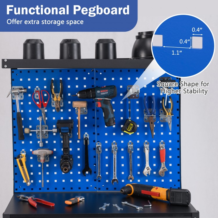 Workbench with navy pegboard, tools, and 20 hooks for organized storage in garage or workshop.