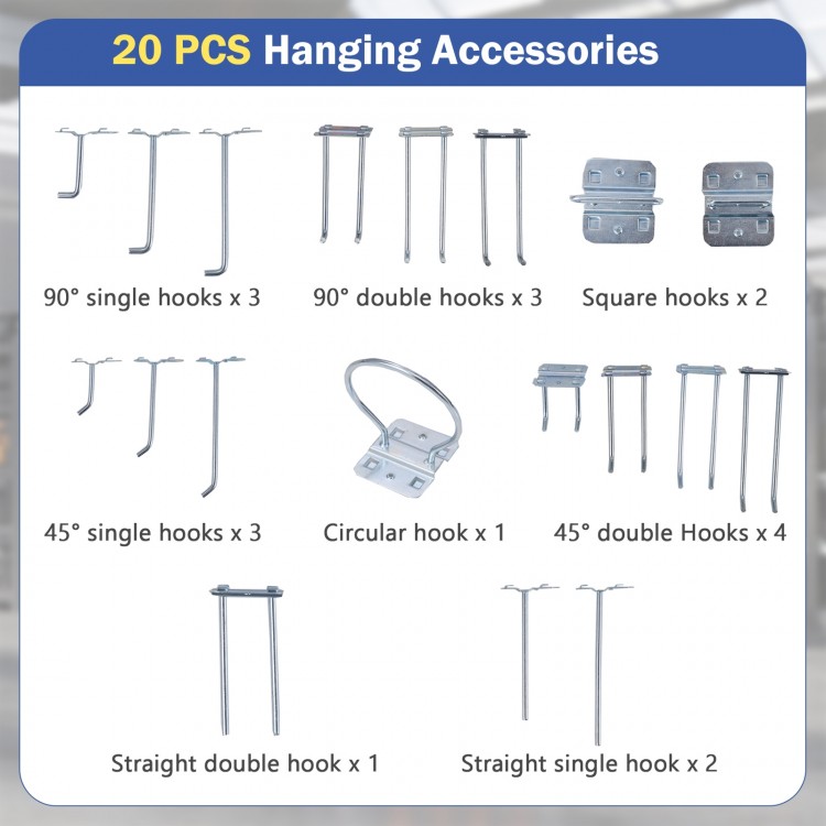 20 assorted hanging hooks including square and circular designs for versatile storage solutions with pegboards.