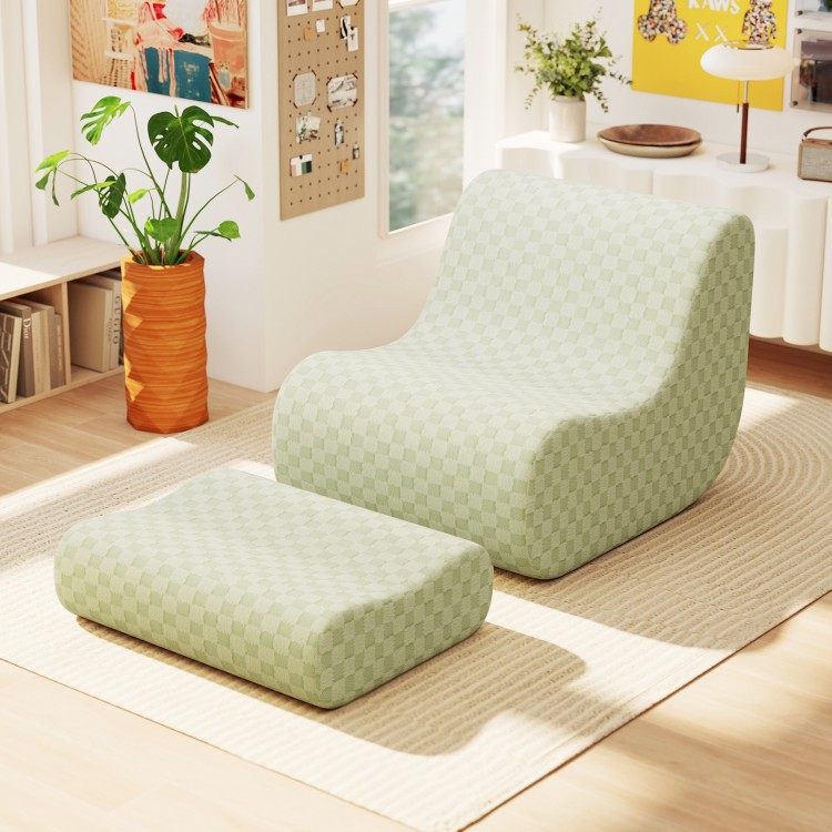Bean bag chair with ottoman in green chessboard pattern, featuring high elasticity sponge for comfort and support.