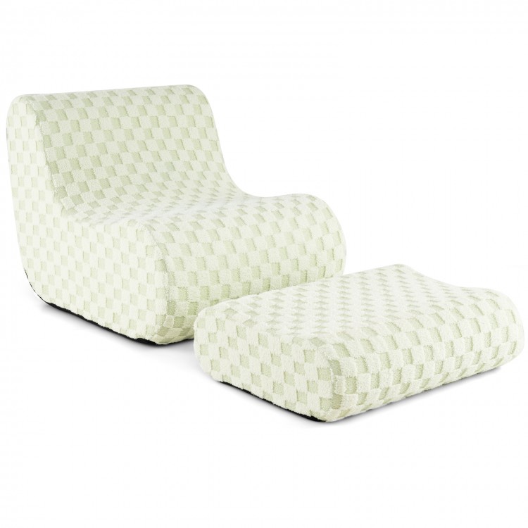 Bean bag chair with ottoman in green chessboard pattern, featuring soft teddy velvet and high elasticity sponge for.