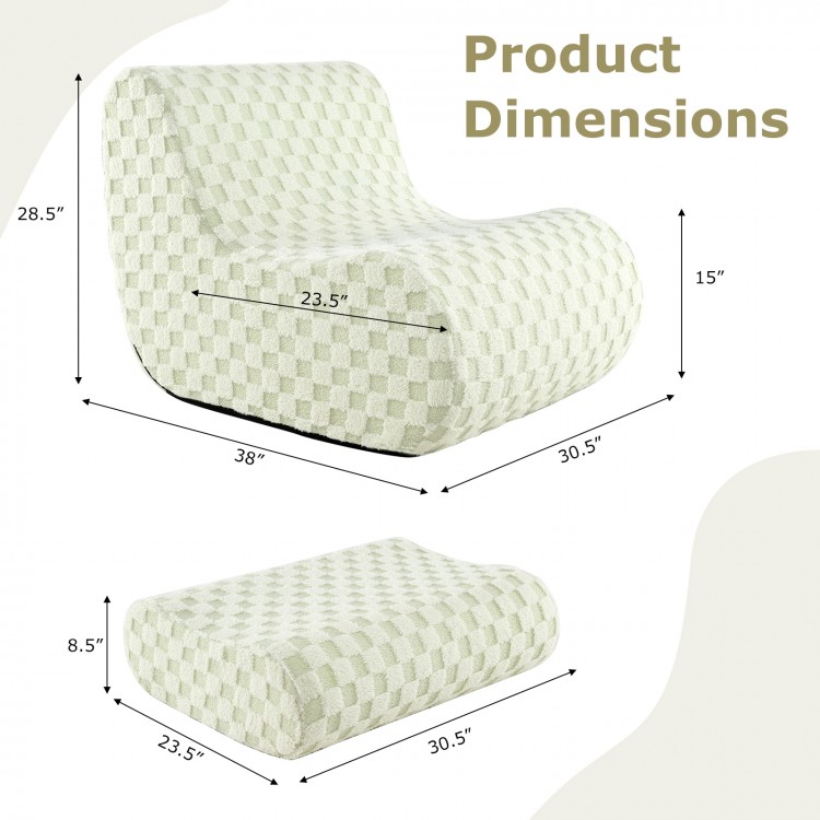 Bean bag chair with ottoman in green chessboard pattern, featuring high elasticity sponge and soft teddy velvet for.