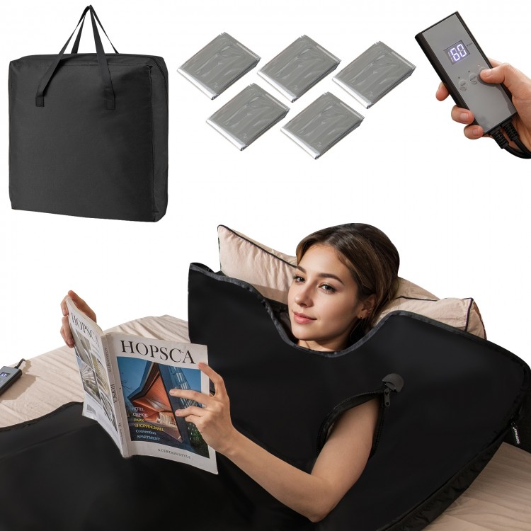 Portable full-body sauna blanket in black with armholes, controller, and 5 wraps for home relaxation and detox.