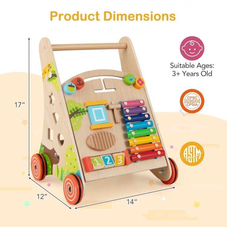 Wooden push and pull baby walker with handle, storage compartment, and colorful activity features for children aged 3+.