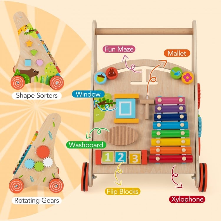 Wooden push and pull baby walker featuring shape sorters, xylophone, and rotating gears for interactive play and.