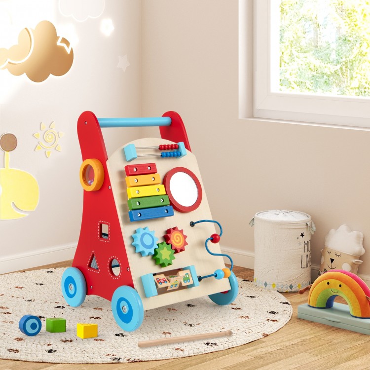 Colorful baby push walker with handle and wheels, designed for toddlers 3+, promoting motor skills and safe play.