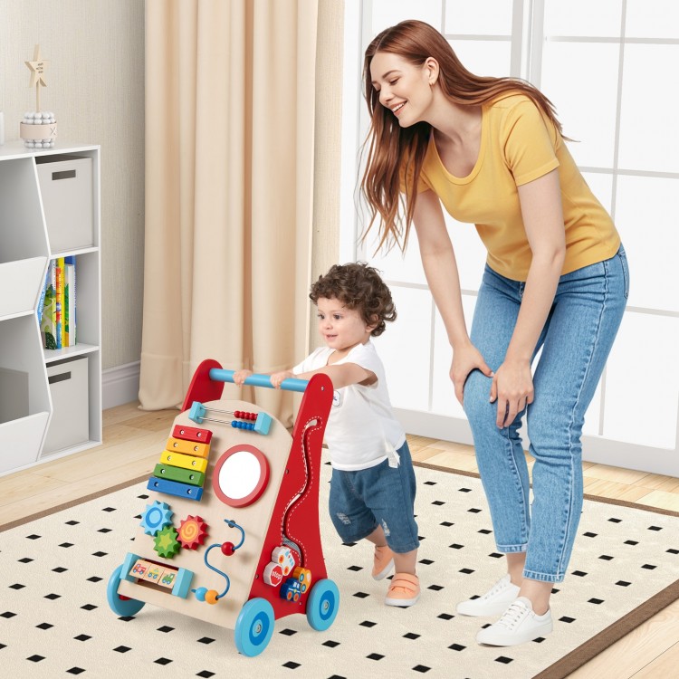 Multicolor baby push walker with a comfortable handle and smooth wheels, designed for toddlers 3+, encourages active.