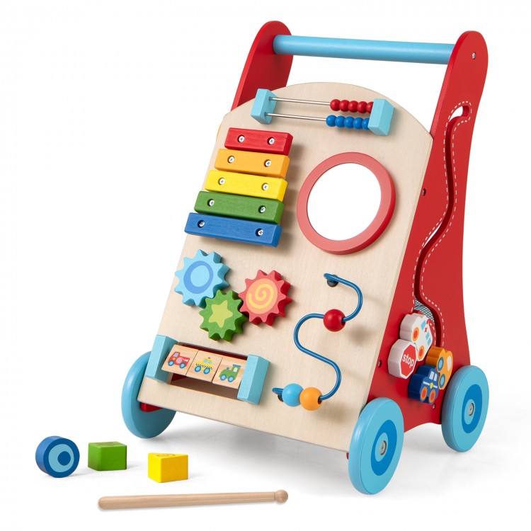 Colorful baby push walker with handle and wheels, featuring engaging activities for toddlers aged 3+ years.
