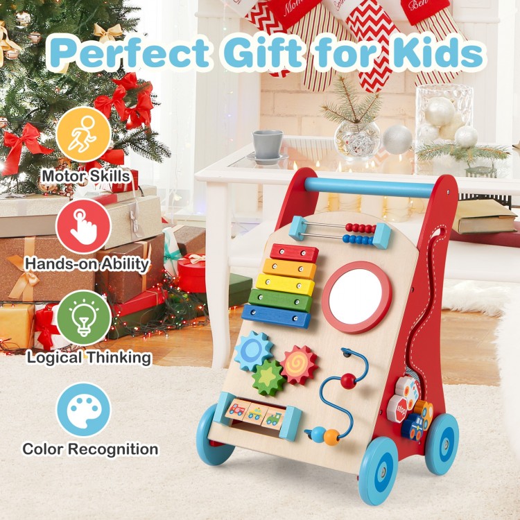 Multicolor baby push walker with handle and wheels, designed for kids 3+, promotes motor skills and logical thinking.